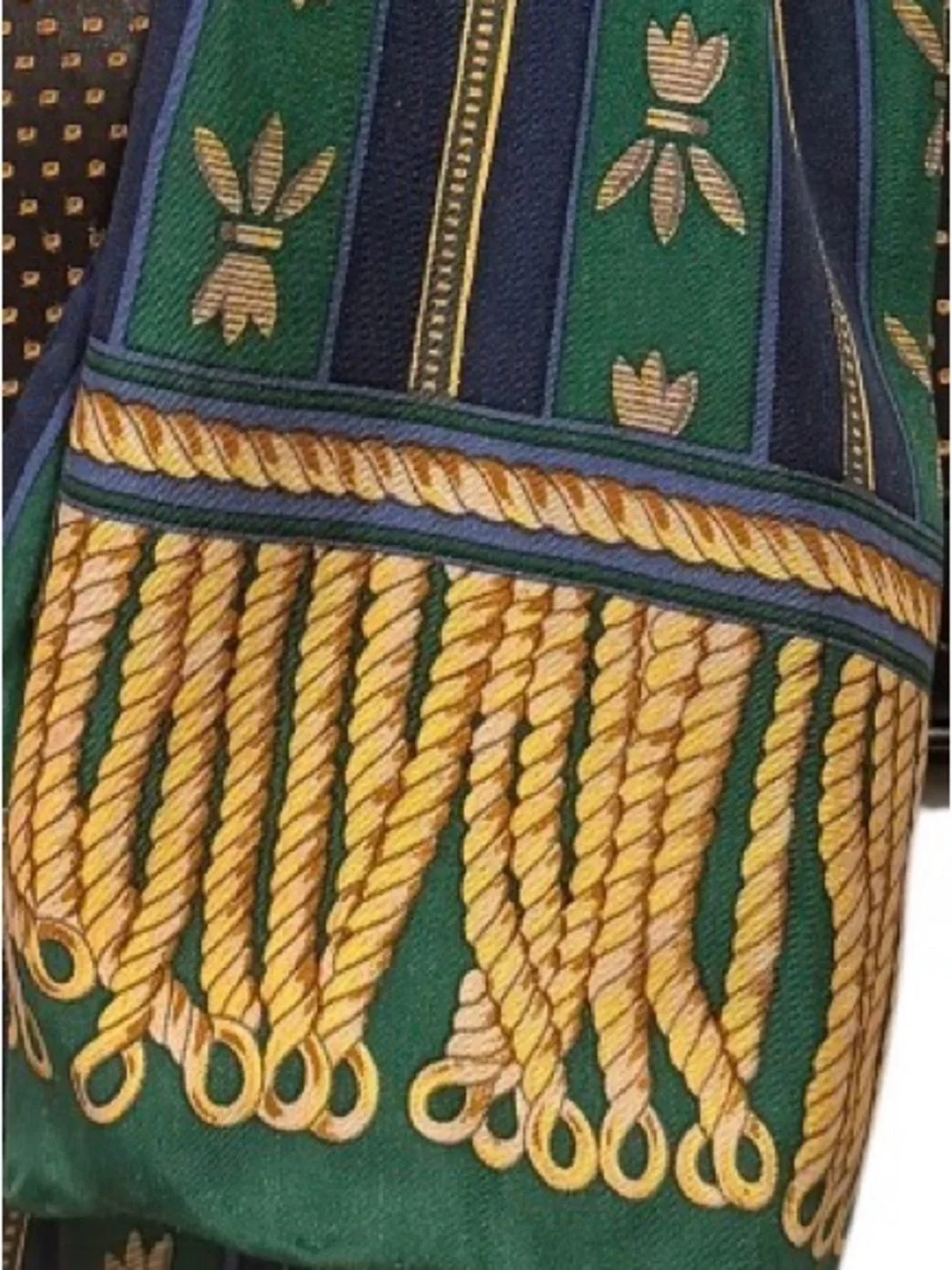 Vintage 100% Silk Scarf Green Navy Striped Gold Metallic Bee Fringe 10